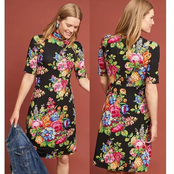Ettwa by Anthropologie Dress Coreyell Turtleneck Mini Floral Black Women's XS - Picture 1 of 5